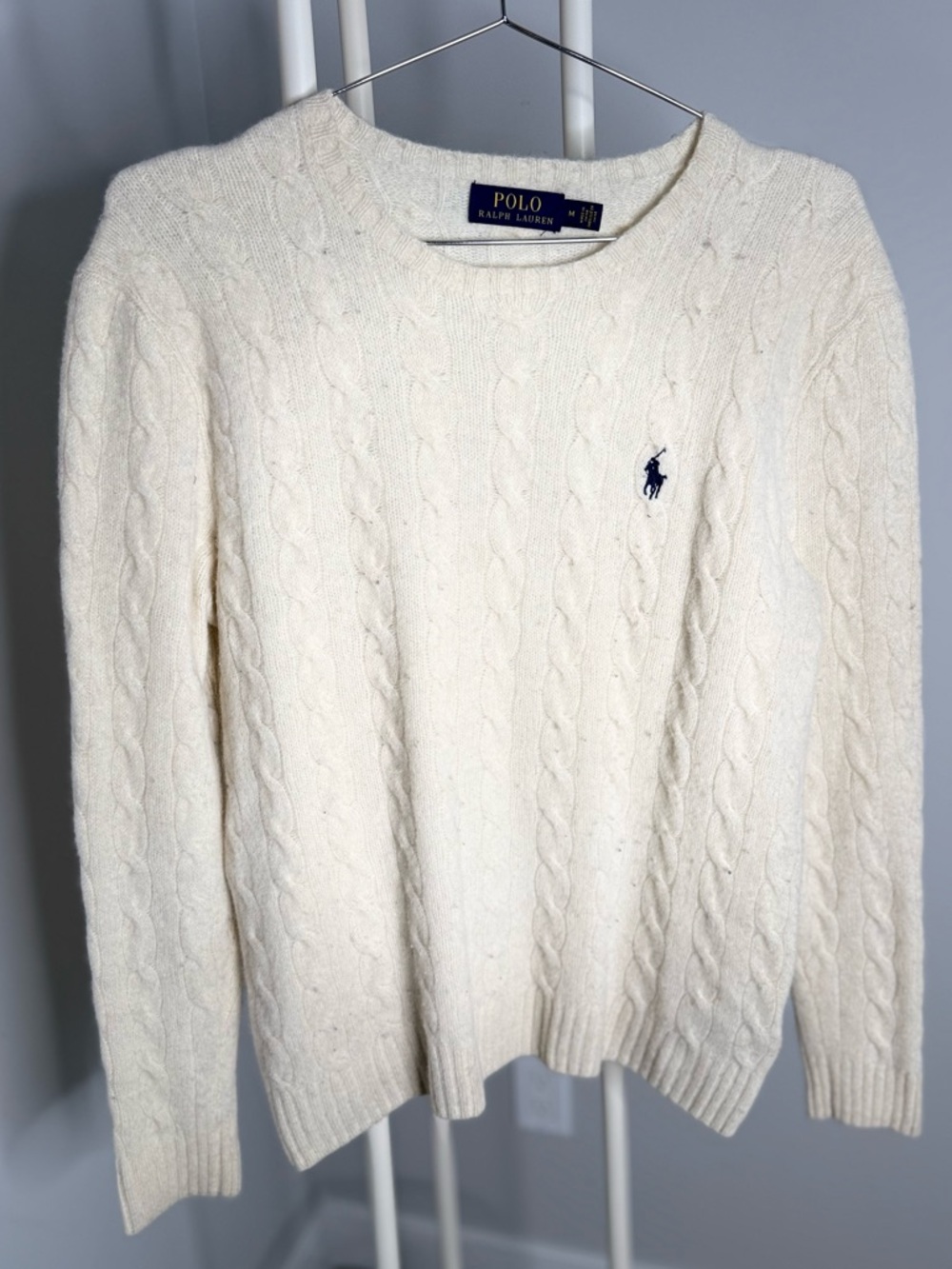 Ralph Lauren Cream Cable-Knit Crewneck Sweater with Navy Pony